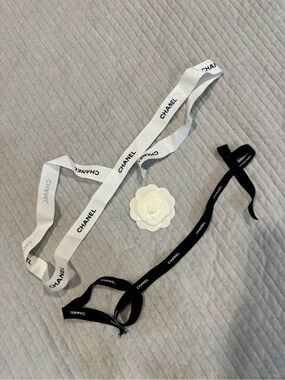 CHANEL Black and White Logo Ribbon with Camellia Sticker Set